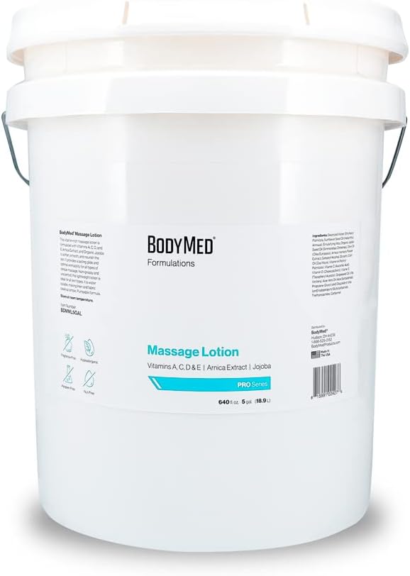 BodyMed Formulations Massage Lotion, 5 gal. – Fragrance-Free, All-Natural Lotion for Massage Therapy – Leaping Bunny Certified – with Arnica Extract & Jojoba – Non-Staining, & Paraben Free