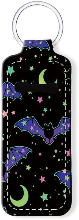 Chapstick Holder Keychain Holder Neoprene Lip Balm Lipstick Lip Gloss Holder Travel Accessory for Girls Women Gift(Purple Bats Moon)