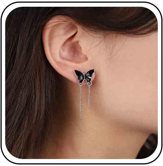 Vintage Butterfly Stud Earrings Silver Chain