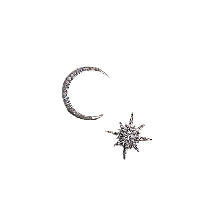 Boho Star Moon Studs Earrings Silver CZ Sunburst