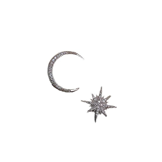 Boho Star Moon Studs Earrings Silver CZ Sunburst