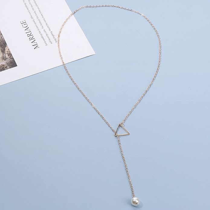 Boho Pearl Triangle Necklace Gold Y