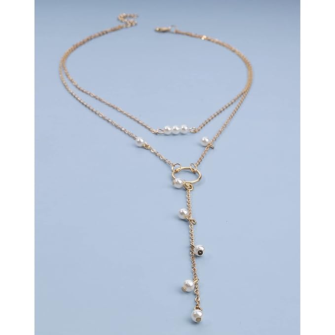 Boho Circle Pearl Lariat Necklace Gold Long Lariat