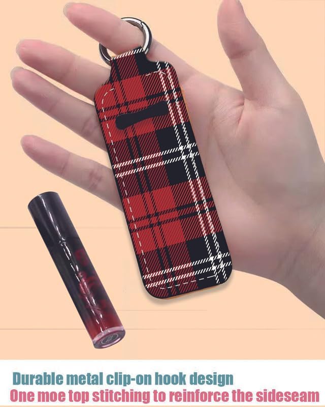 Chapstick Holder Keychain Holder Neoprene Lip Balm Lipstick Lip Gloss Holder Travel Accessory for Girls Women Gift(Black Red Plaid)