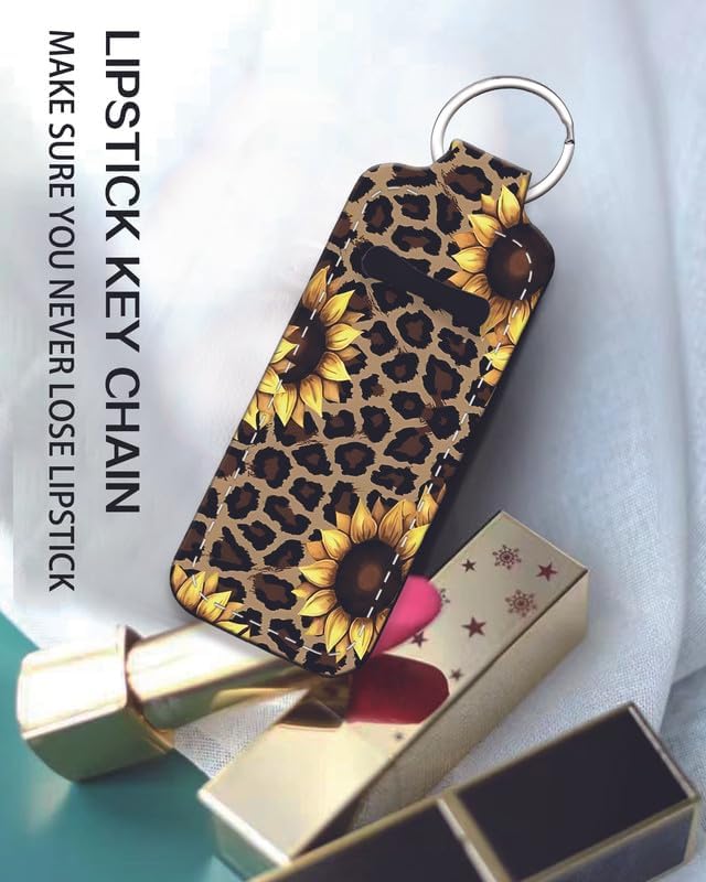Chapstick Holder Keychain Holder Neoprene Lip Balm Lipstick Lip Gloss Holder Travel Accessory for Girls Women Gift(Sunflower Leopard)