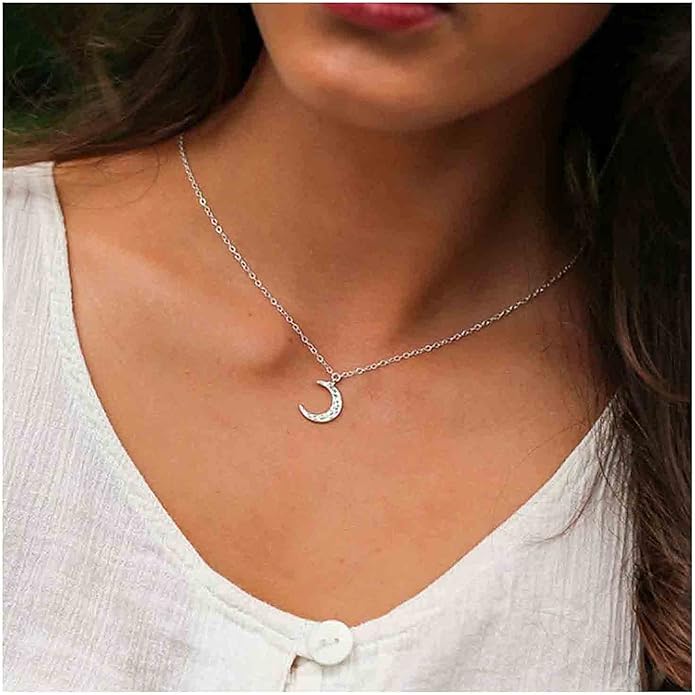 Boho Rhinestone Moon Necklace CZ Crescent