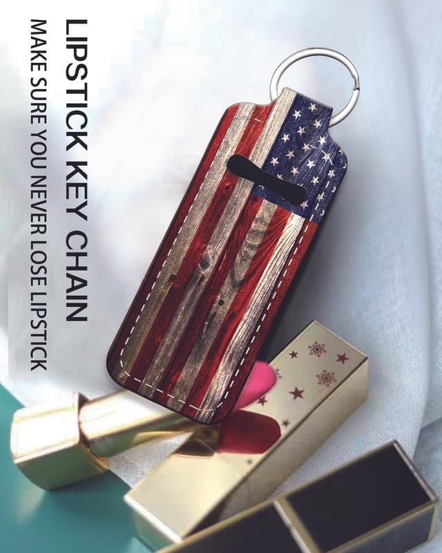 Chapstick Holder Keychain Holder Neoprene Lip Balm Lipstick Lip Gloss Holder Travel Accessory for Girls Women Gift(Retro Wood American Flag)