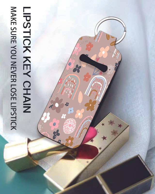 Chapstick Holder Keychain Holder Neoprene Lip Balm Lipstick Lip Gloss Holder Travel Accessory for Girls Women Gift(Cute Rainbow Flower)