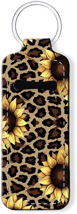 Chapstick Holder Keychain Holder Neoprene Lip Balm Lipstick Lip Gloss Holder Travel Accessory for Girls Women Gift(Sunflower Leopard)