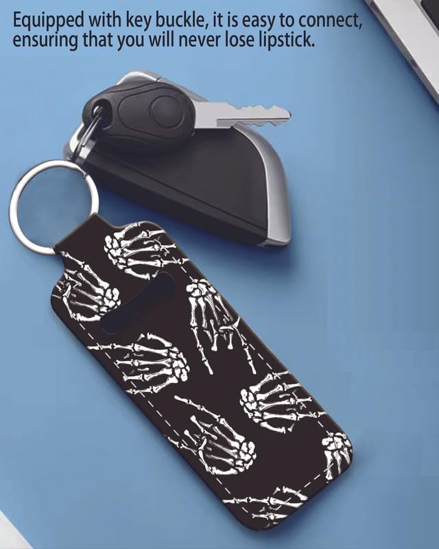 Chapstick Holder Keychain Holder Neoprene Lip Balm Lipstick Lip Gloss Holder Travel Accessory for Girls Women Gift(Skeleton Skull Hand)