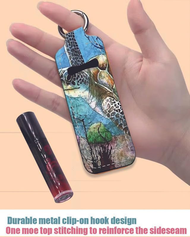 Chapstick Holder Keychain Holder Neoprene Lip Balm Lipstick Lip Gloss Holder Travel Accessory for Girls Women Gift(Sea Turtle Lonely Swim Oil Painting in Ocean)