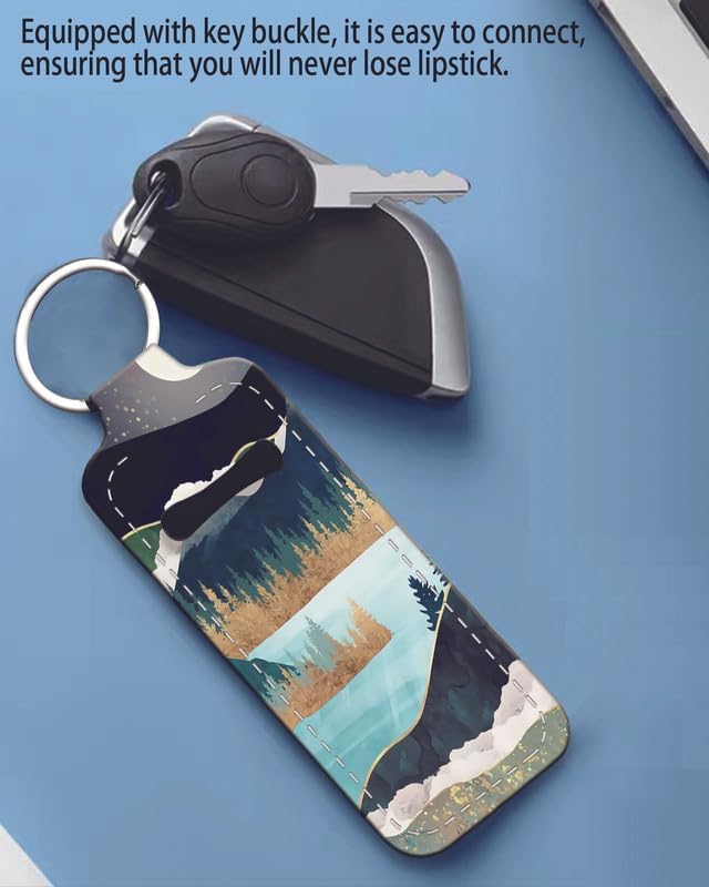 Chapstick Holder Keychain Holder Neoprene Lip Balm Lipstick Lip Gloss Holder Travel Accessory for Girls Women Gift(Forest Mountain Moon)