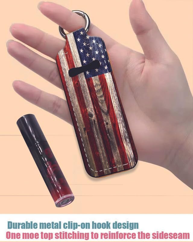 Chapstick Holder Keychain Holder Neoprene Lip Balm Lipstick Lip Gloss Holder Travel Accessory for Girls Women Gift(Retro Wood American Flag)