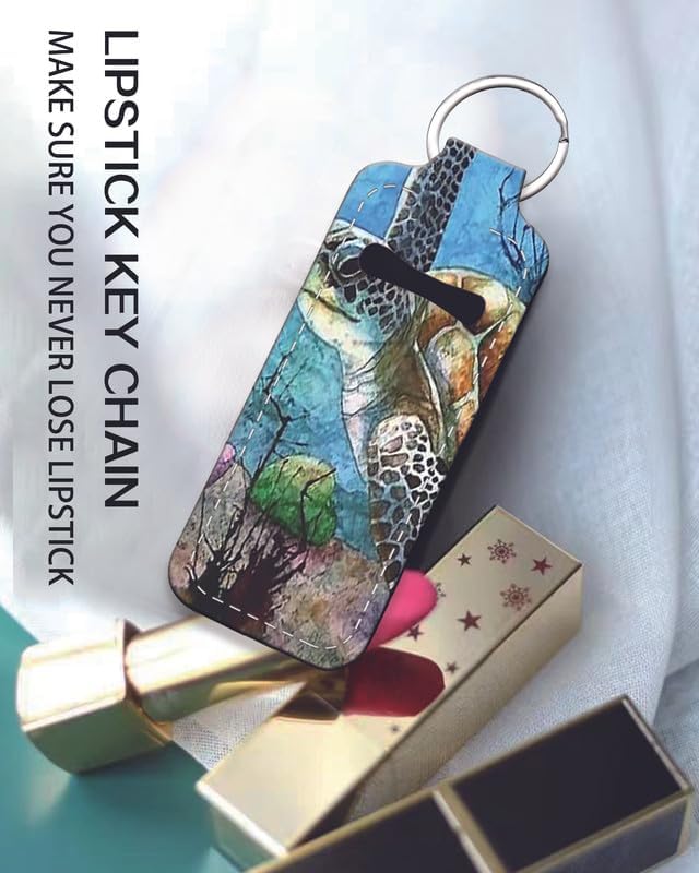 Chapstick Holder Keychain Holder Neoprene Lip Balm Lipstick Lip Gloss Holder Travel Accessory for Girls Women Gift(Sea Turtle Lonely Swim Oil Painting in Ocean)