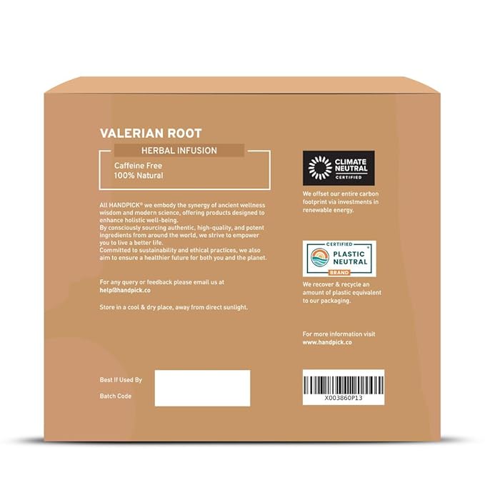 HANDPICK, Valerian Root Tea Bags (Valeriana) 50 Count | Non-GMO, Caffeine Free, Real Ingredients | Earthy/Woody Herbal Tea Bags | Round Eco-conscious Tea Bags