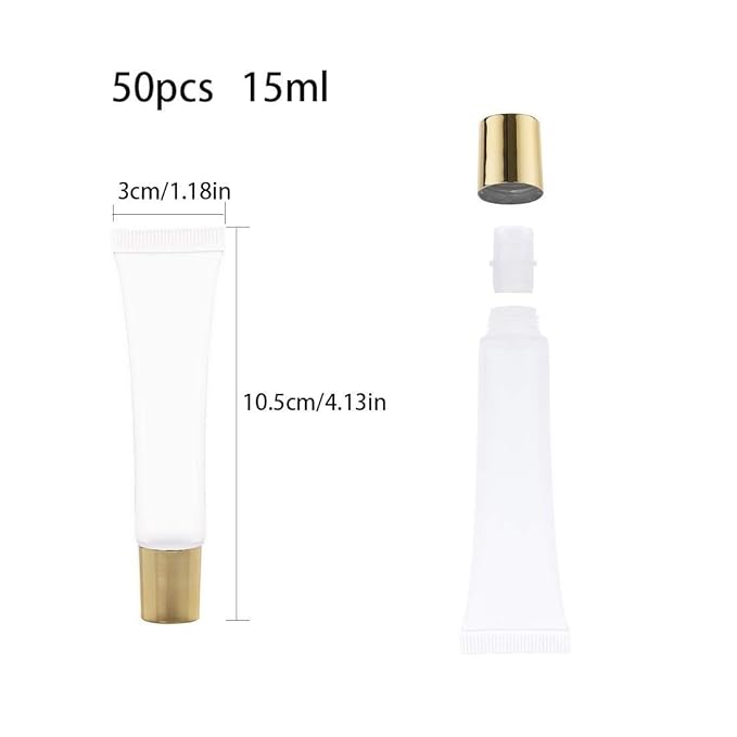 AJLTPA 50Pcs 15 ml Lip Gloss Squeeze Tubes, Lip Gloss Containers Empty, Refillable Soft Clear Tubes for DIY Lipgloss Balm Cosmetic (Gold Cap)