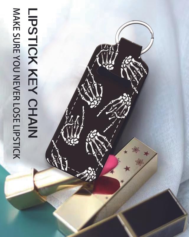 Chapstick Holder Keychain Holder Neoprene Lip Balm Lipstick Lip Gloss Holder Travel Accessory for Girls Women Gift(Skeleton Skull Hand)