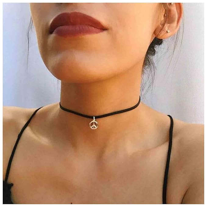 Boho Peace Choker Necklace Black Cord Circle Necklace