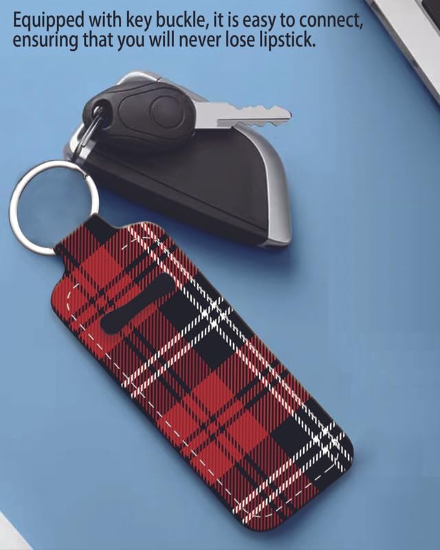 Chapstick Holder Keychain Holder Neoprene Lip Balm Lipstick Lip Gloss Holder Travel Accessory for Girls Women Gift(Black Red Plaid)