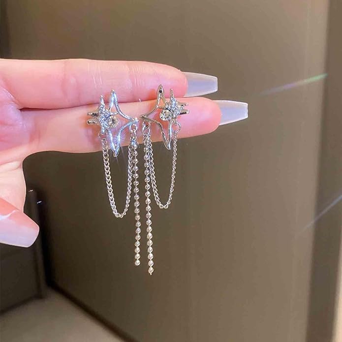 Vintage Crystal Northstar+Chain Drop Earrings Silver