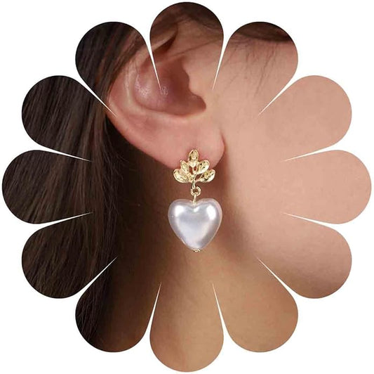 Vintage Pearl Heart Dangle Earrings Heart