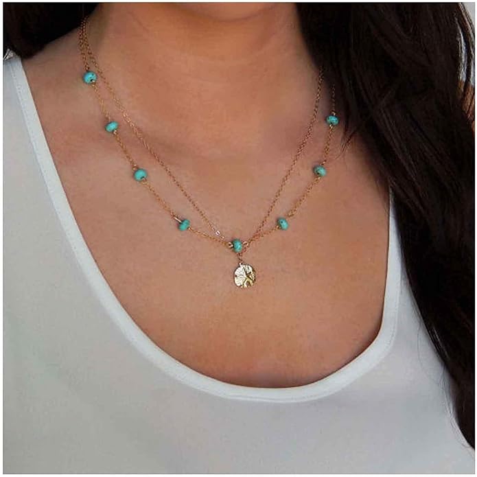 Boho Layered Coin Turquoise Necklace Gold