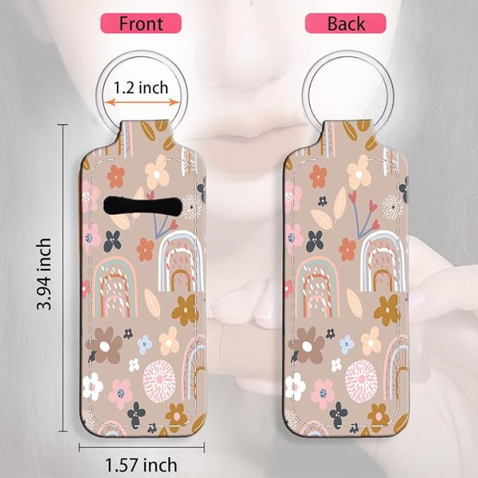 Chapstick Holder Keychain Holder Neoprene Lip Balm Lipstick Lip Gloss Holder Travel Accessory for Girls Women Gift(Cute Rainbow Flower)