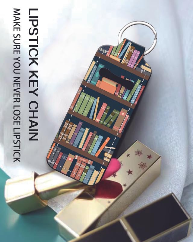 Chapstick Holder Keychain Holder Neoprene Lip Balm Lipstick Lip Gloss Holder Travel Accessory for Girls Women Gift(Book Library)