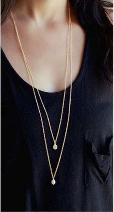 Long Layered Necklace Delicate Coin Pearl