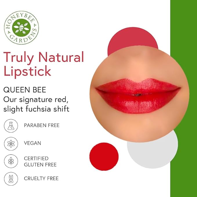 Honeybee Gardens Truly Natural Long Lasting Lipstick, Queen Bee Lipstick, Signature Red, Naturally Hydrating & Nourishing, Vegan, Gluten-Free & Cruelty-Free, 0.13 oz / 3.8 g