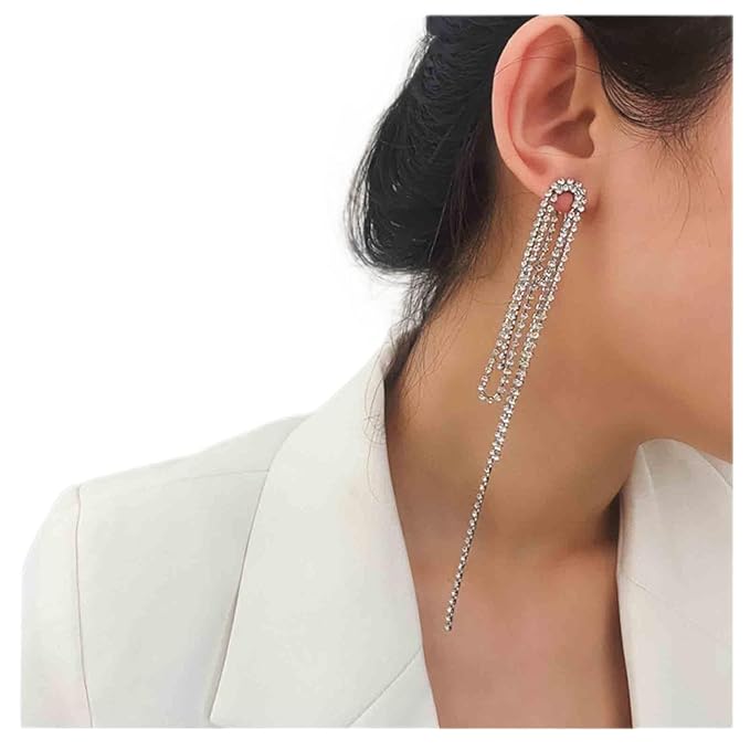 Rhinestone Tassel Ear Jacket Earrings Long Rhinestone Chain