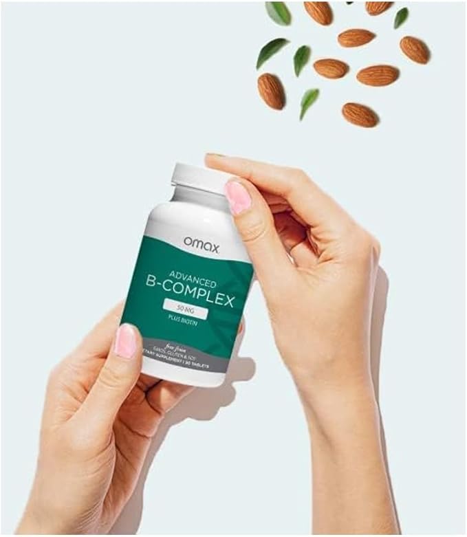 Omax3 2 Bottles - Advanced Vitamin B Complex 50MG with Biotin | Strong & Shiny Hair, Skin Nails, Support Stress, Immunity, Energy Metabolism, 90 Capsules/per Bottle
