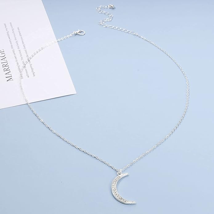 Boho Rhinestone Moon Necklace CZ Crescent