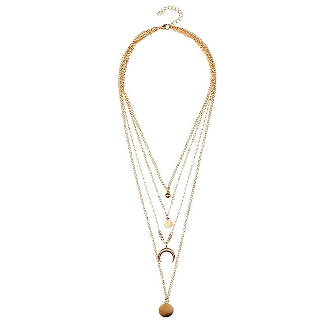 Bohemia Layered Coin Choker Necklace Moon Crescent Pendant