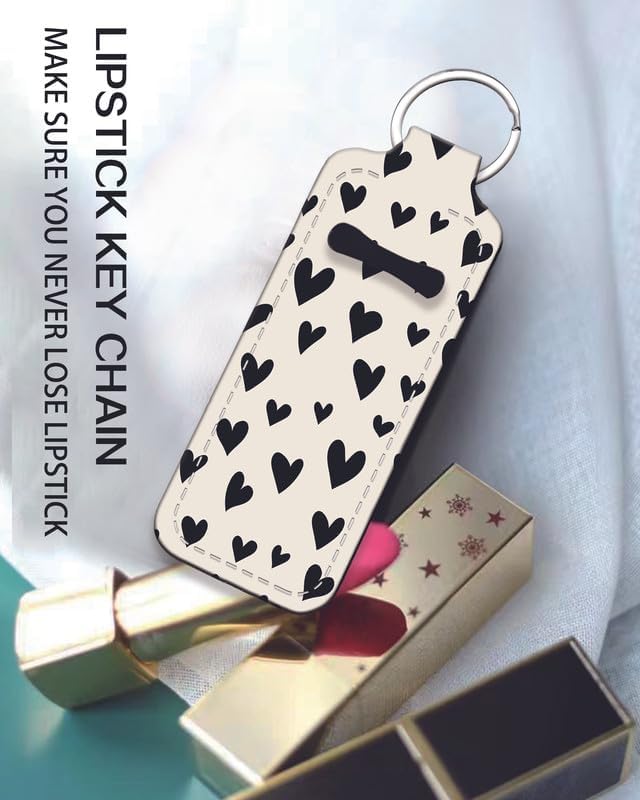 Chapstick Holder Keychain Holder Neoprene Lip Balm Lipstick Lip Gloss Holder Travel Accessory for Girls Women Gift(Beige Love Heart)