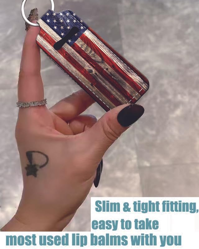 Chapstick Holder Keychain Holder Neoprene Lip Balm Lipstick Lip Gloss Holder Travel Accessory for Girls Women Gift(Retro Wood American Flag)