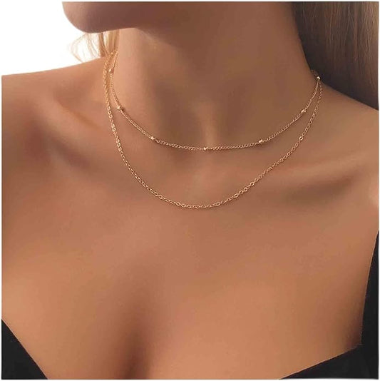 Boho Layered Satellite Choker Necklace Gold Ball Chain