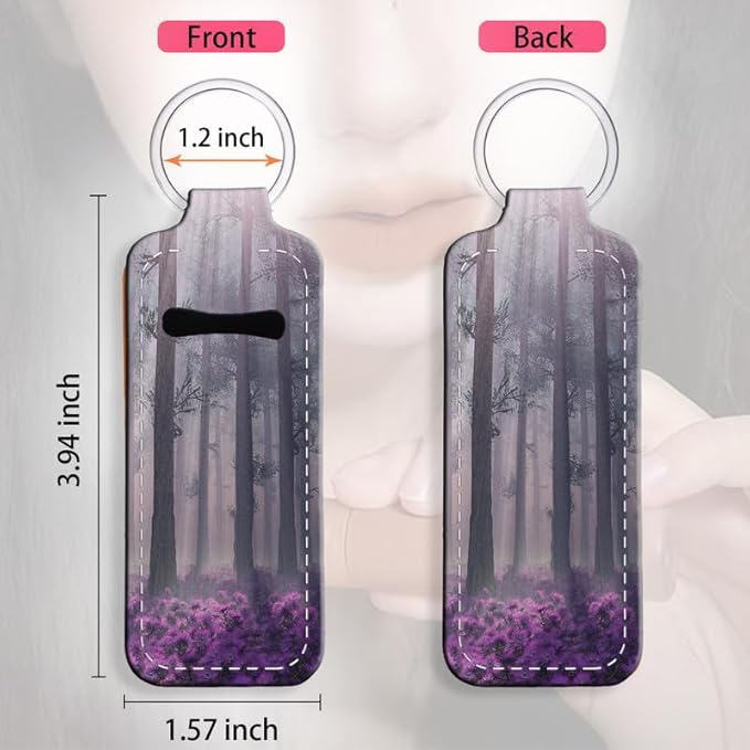 Chapstick Holder Keychain Holder Neoprene Lip Balm Lipstick Lip Gloss Holder Travel Accessory for Girls Women Gift(Purple Misty Forest)