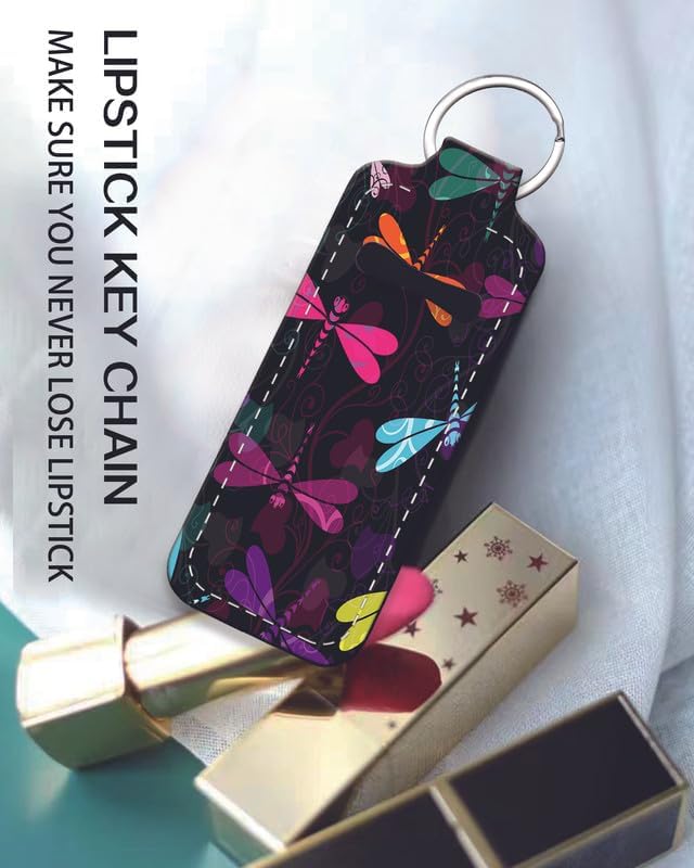 Chapstick Holder Keychain Holder Neoprene Lip Balm Lipstick Lip Gloss Holder Travel Accessory for Girls Women Gift(Colorful Dragonfly)