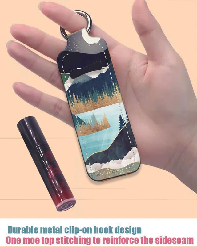Chapstick Holder Keychain Holder Neoprene Lip Balm Lipstick Lip Gloss Holder Travel Accessory for Girls Women Gift(Forest Mountain Moon)
