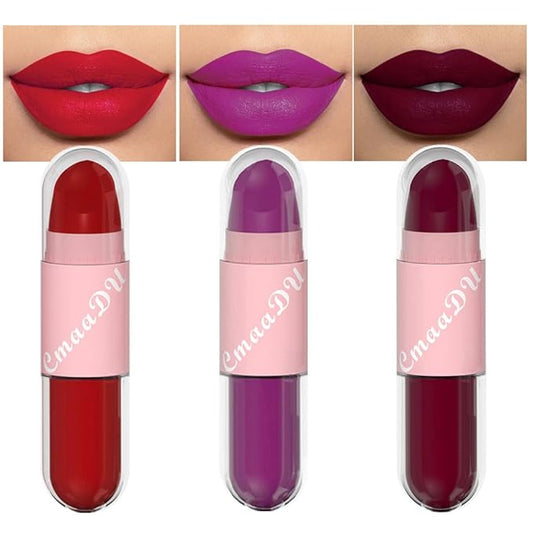 AMY'S DIARY 2in1 Matte Colors Lipstick & Liquid Lipstick 3Pcs Set, Full Color Lip Gloss, Matte for halloween Long Wear Waterproof Velvet Lipstick (Bright+Dark red +Purple)