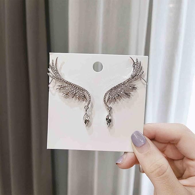 Boho Crystal Angel Wing Earrings Silver Rhinestone Wing