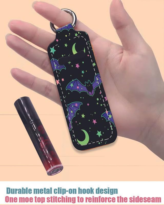Chapstick Holder Keychain Holder Neoprene Lip Balm Lipstick Lip Gloss Holder Travel Accessory for Girls Women Gift(Purple Bats Moon)