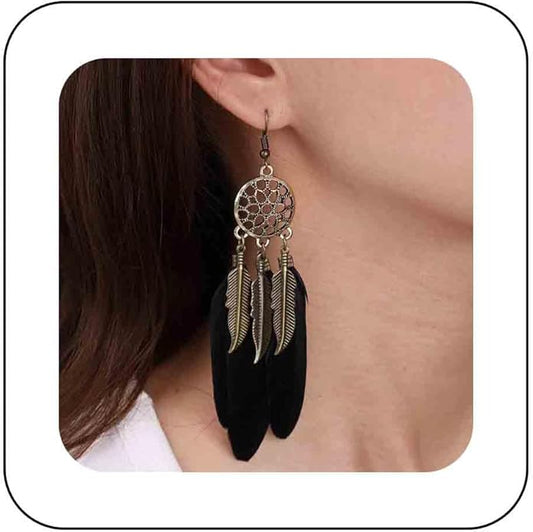 Boho Black Feather Dangle Earrings Long