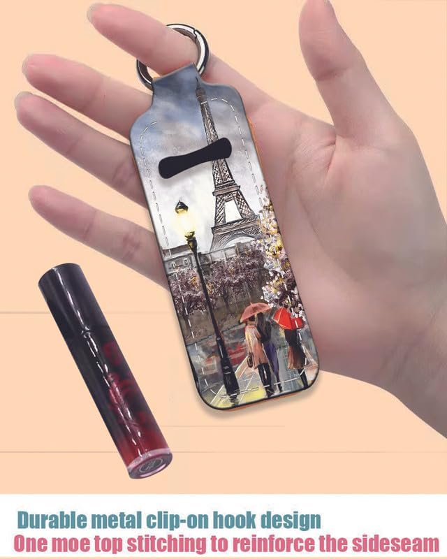 Chapstick Holder Keychain Holder Neoprene Lip Balm Lipstick Lip Gloss Holder Travel Accessory for Girls Women Gift(Oil painting Paris)