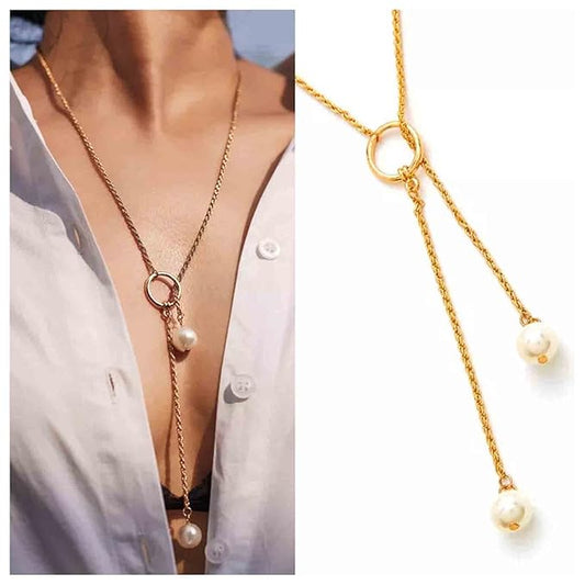 Boho Pearl Lariat Necklace Gold Chunky Chain Y