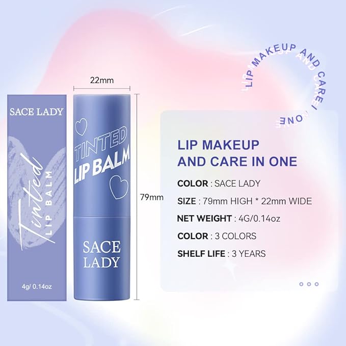 SACE LADY 3 Colors Moisturized Tinted Lip Balm Set, SACE LADY Long Lasting Color Changing Lipstick Kit for Dry Lips, Hydrating Waterproof Lip Make Up, 3Pcs*0.14Oz