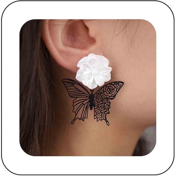 Vintage Black Butterfly Flower Drop Earrings