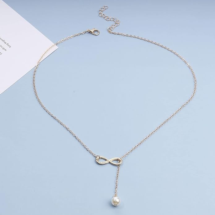 Boho Pearl Infinity Necklace Silver Y