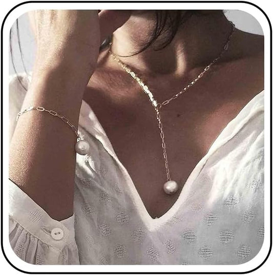 Boho Long Pearl Necklace Gold Lariat